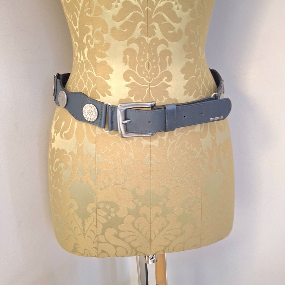 Vintage GEIGER Dark Forest Green Leather Belt Coin Accent Made in Austria 38 S/M